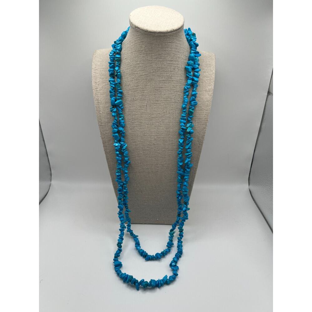 Turquoise‎ Color Howlite Chip Necklace Long Strand 32" Boho Statement